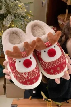 Hot Dear-Lover Christmas Cartoon Reindeer Plush Home Slippers Fiery Red