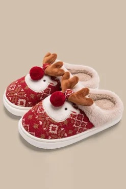 Hot Dear-Lover Christmas Cartoon Reindeer Plush Home Slippers Fiery Red