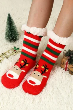 New Dear-Lover Christmas Cartoon Pattern Woolen Knit Socks Fiery Red