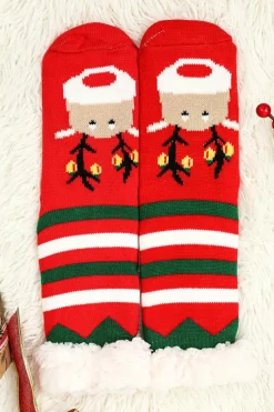 New Dear-Lover Christmas Cartoon Pattern Woolen Knit Socks Fiery Red