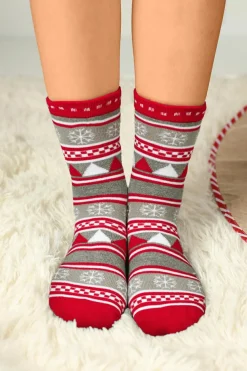 New Dear-Lover Christmas Geometric Snowflake Print Crew Socks Fiery Red