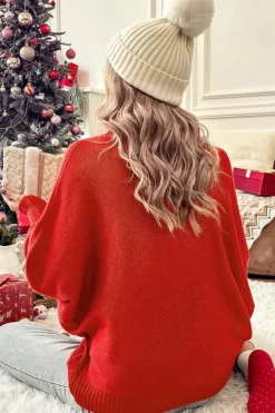 Clearance Dear-Lover Christmas Holly Jolly Tinsel Graphic High Neck Sweater Fiery Red