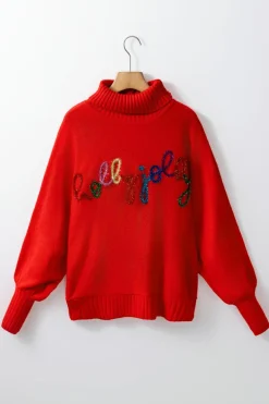Clearance Dear-Lover Christmas Holly Jolly Tinsel Graphic High Neck Sweater Fiery Red