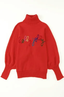 Clearance Dear-Lover Christmas Holly Jolly Tinsel Graphic High Neck Sweater Fiery Red
