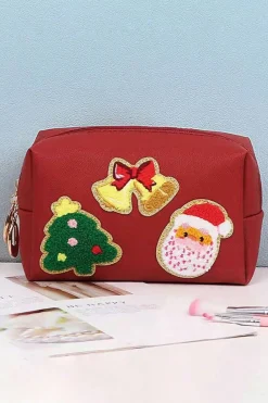 Outlet Dear-Lover Christmas Pattern Chenille Patched PU Zipper Makeup Bag Fiery Red