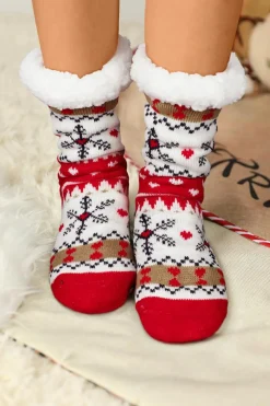 Discount Dear-Lover Christmas Pattern Plush Lined Winter Socks Fiery Red