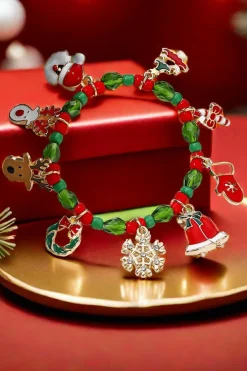 Sale Dear-Lover Christmas Pattern Pendant Beaded Bracelet Fiery Red