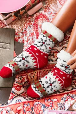 Discount Dear-Lover Christmas Pattern Plush Lined Winter Socks Fiery Red