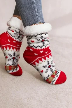 Discount Dear-Lover Christmas Pattern Plush Lined Winter Socks Fiery Red