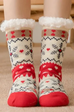 Discount Dear-Lover Christmas Pattern Plush Lined Winter Socks Fiery Red
