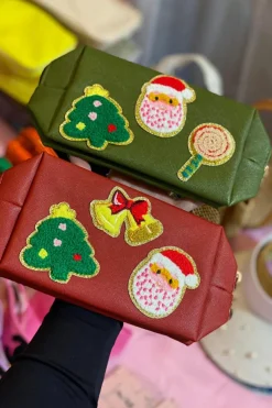 Outlet Dear-Lover Christmas Pattern Chenille Patched PU Zipper Makeup Bag Fiery Red