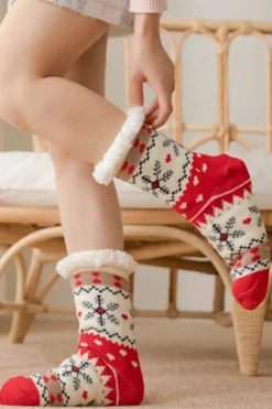 Discount Dear-Lover Christmas Pattern Plush Lined Winter Socks Fiery Red