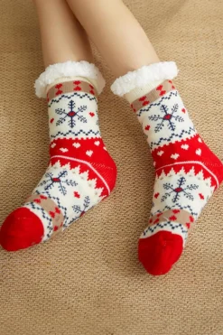 Discount Dear-Lover Christmas Pattern Plush Lined Winter Socks Fiery Red