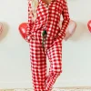 New Dear-Lover Christmas Plaid Print Shirt and Pants Pajama Set Fiery Red