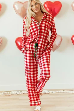 New Dear-Lover Christmas Plaid Print Shirt and Pants Pajama Set Fiery Red