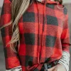 Fashion Dear-Lover Christmas Plaid Striped Patchwork Drawstring Hoodie Fiery Red