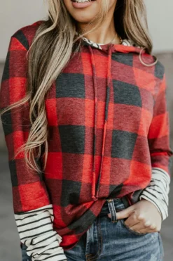 Fashion Dear-Lover Christmas Plaid Striped Patchwork Drawstring Hoodie Fiery Red
