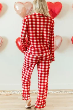 New Dear-Lover Christmas Plaid Print Shirt and Pants Pajama Set Fiery Red