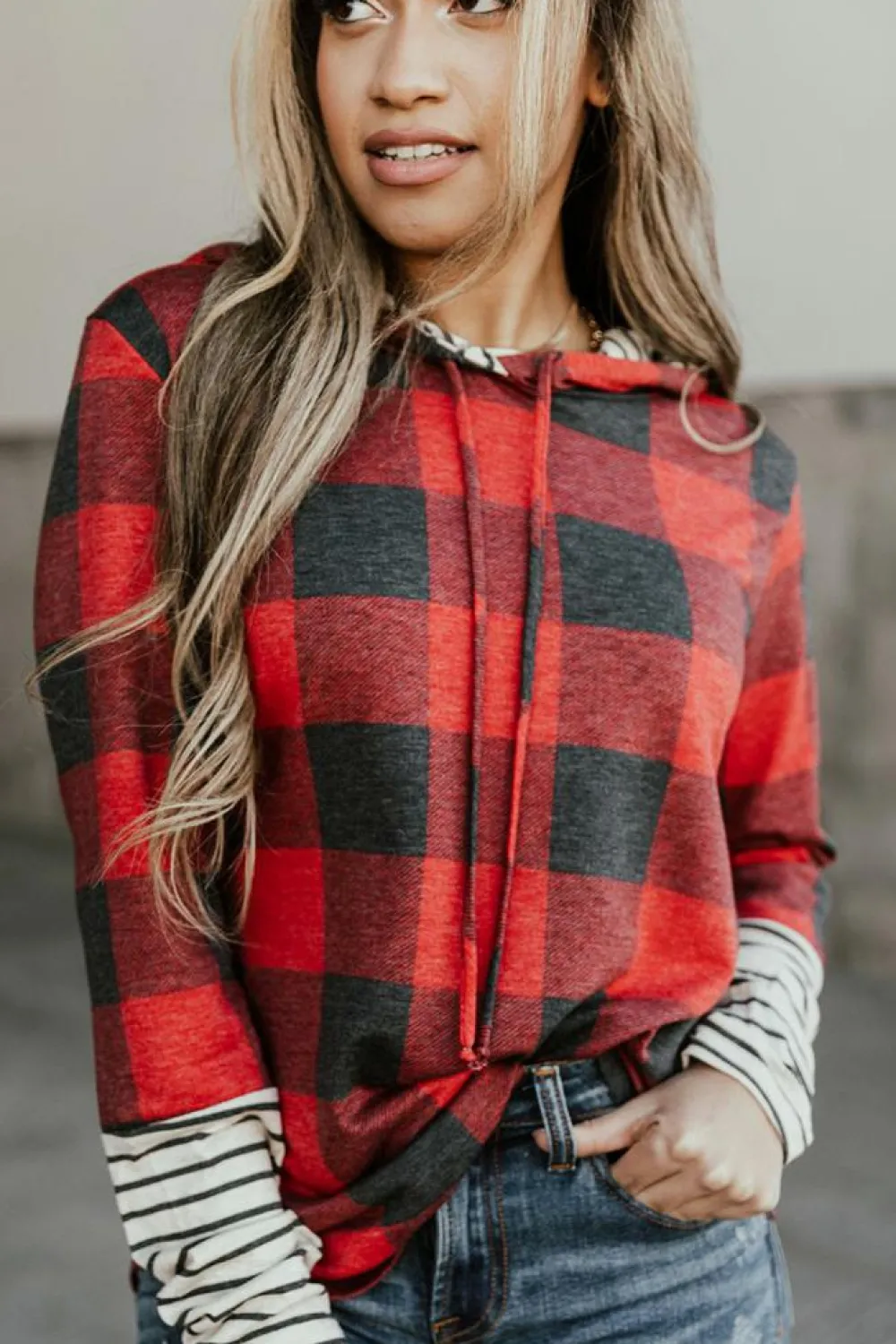 Fashion Dear-Lover Christmas Plaid Striped Patchwork Drawstring Hoodie Fiery Red