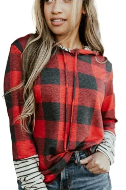 Fashion Dear-Lover Christmas Plaid Striped Patchwork Drawstring Hoodie Fiery Red