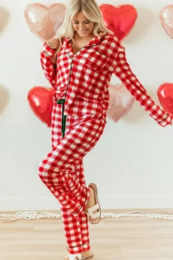 New Dear-Lover Christmas Plaid Print Shirt and Pants Pajama Set Fiery Red