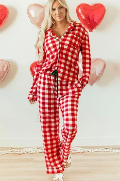 New Dear-Lover Christmas Plaid Print Shirt and Pants Pajama Set Fiery Red