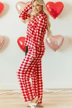 New Dear-Lover Christmas Plaid Print Shirt and Pants Pajama Set Fiery Red