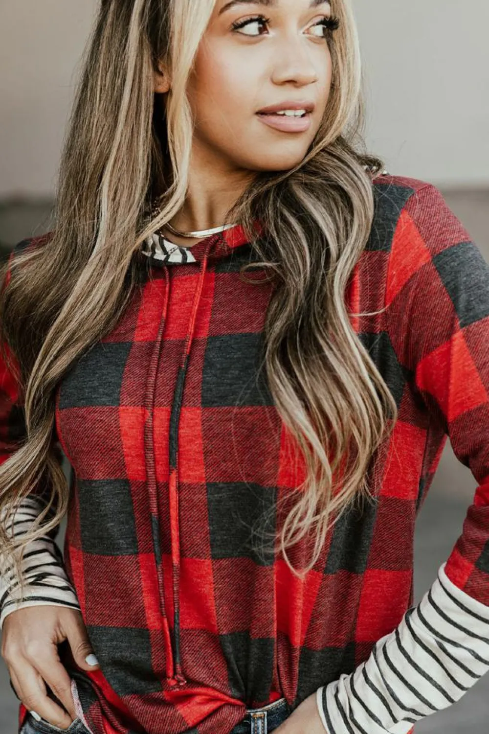 Fashion Dear-Lover Christmas Plaid Striped Patchwork Drawstring Hoodie Fiery Red