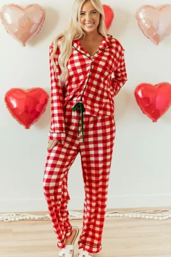 New Dear-Lover Christmas Plaid Print Shirt and Pants Pajama Set Fiery Red