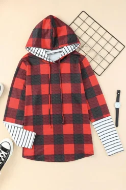 Fashion Dear-Lover Christmas Plaid Striped Patchwork Drawstring Hoodie Fiery Red