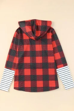 Fashion Dear-Lover Christmas Plaid Striped Patchwork Drawstring Hoodie Fiery Red