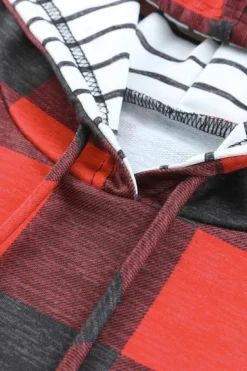 Fashion Dear-Lover Christmas Plaid Striped Patchwork Drawstring Hoodie Fiery Red