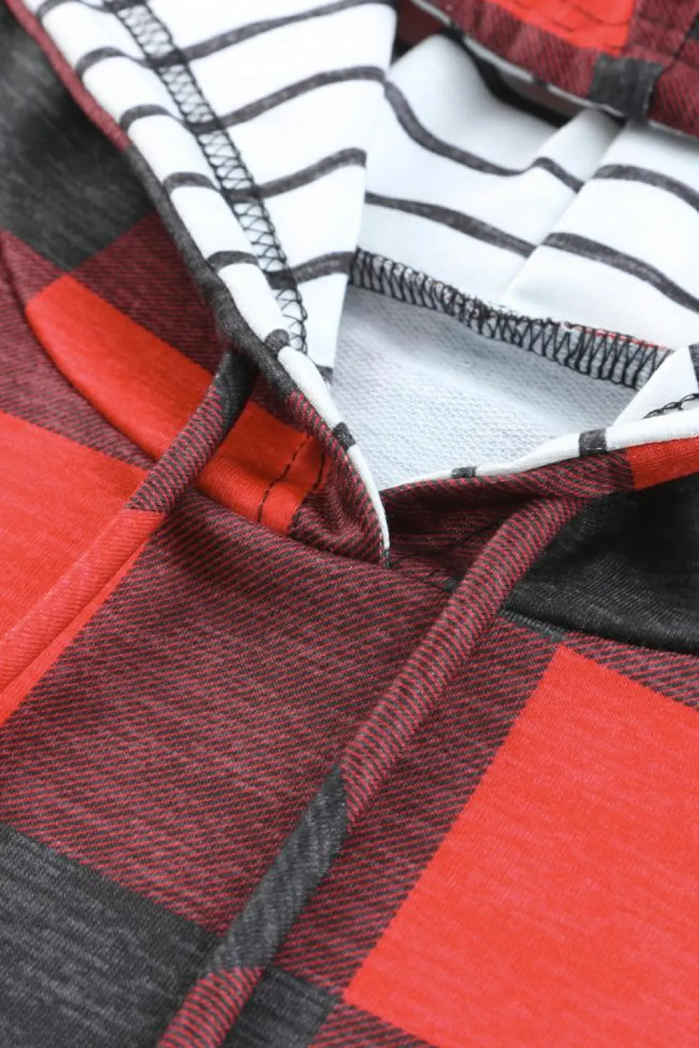 Fashion Dear-Lover Christmas Plaid Striped Patchwork Drawstring Hoodie Fiery Red
