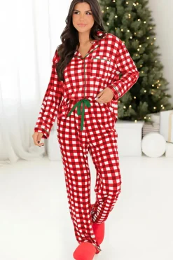 New Dear-Lover Christmas Plaid Print Shirt and Pants Pajama Set Fiery Red