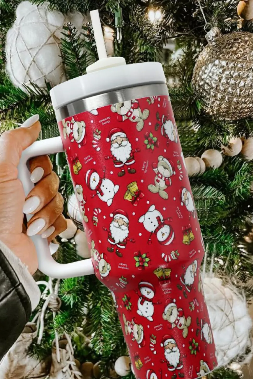 Sale Dear-Lover Christmas Print Handled Stainless Steel Tumblers 40oz Fiery Red