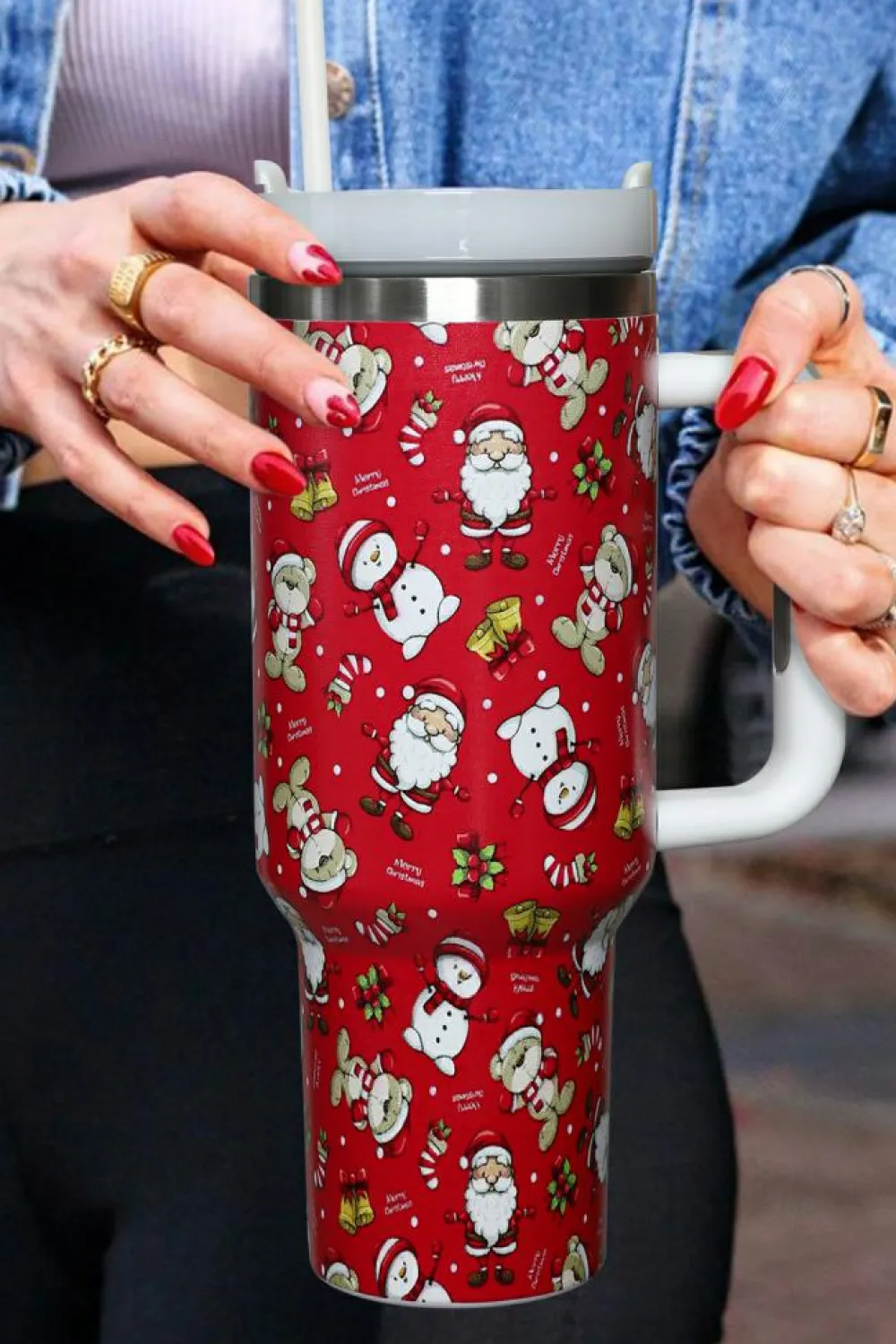 Sale Dear-Lover Christmas Print Handled Stainless Steel Tumblers 40oz Fiery Red
