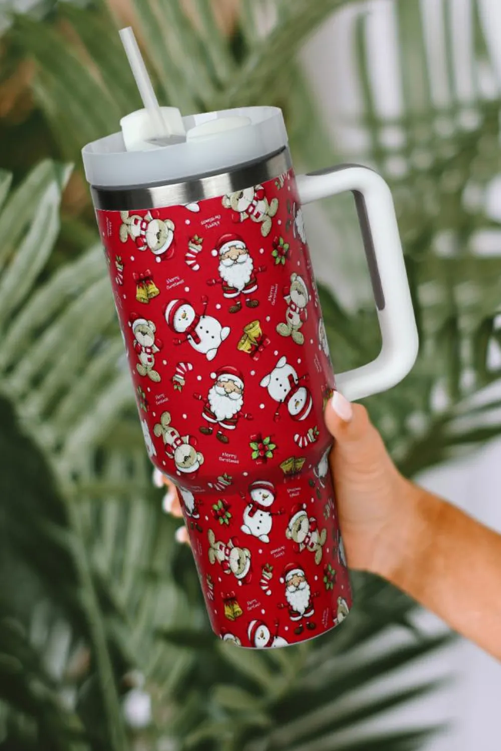 Sale Dear-Lover Christmas Print Handled Stainless Steel Tumblers 40oz Fiery Red