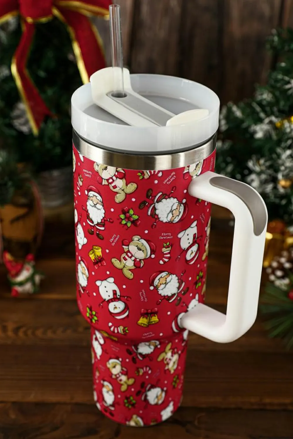 Sale Dear-Lover Christmas Print Handled Stainless Steel Tumblers 40oz Fiery Red
