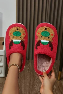 Online Dear-Lover Christmas Reindeer Pattern Thick Sole Plush Slippers Fiery Red