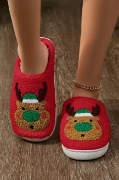 Online Dear-Lover Christmas Reindeer Pattern Thick Sole Plush Slippers Fiery Red