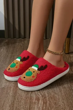 Online Dear-Lover Christmas Reindeer Pattern Thick Sole Plush Slippers Fiery Red