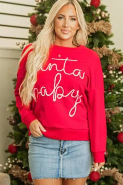 Outlet Dear-Lover Christmas Santa Baby Tinsel Graphic Sweatshirt Fiery Red