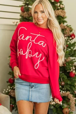 Outlet Dear-Lover Christmas Santa Baby Tinsel Graphic Sweatshirt Fiery Red
