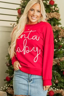Outlet Dear-Lover Christmas Santa Baby Tinsel Graphic Sweatshirt Fiery Red