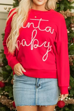 Outlet Dear-Lover Christmas Santa Baby Tinsel Graphic Sweatshirt Fiery Red