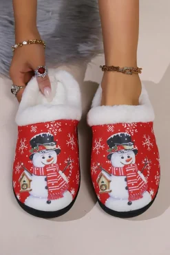 Fashion Dear-Lover Christmas Snowman Print Plush Home Slippers Fiery Red