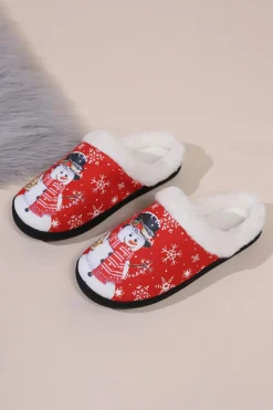 Fashion Dear-Lover Christmas Snowman Print Plush Home Slippers Fiery Red