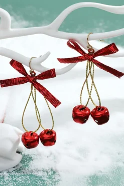 Online Dear-Lover Christmas Style Bow Knot Bells Dangle Earrings Fiery Red
