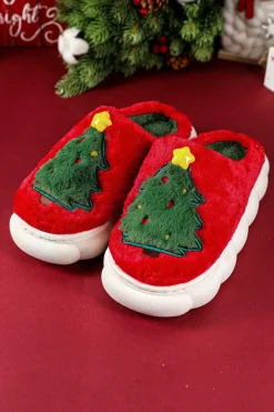 Sale Dear-Lover Christmas Tree Graphic Thick Sole Plush Slippers Fiery Red