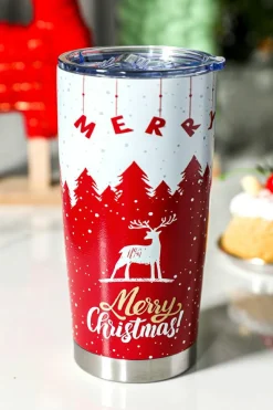 Online Dear-Lover Christmas Tree Elk Print Stainless Steel Tumbler 20 OZ Fiery Red